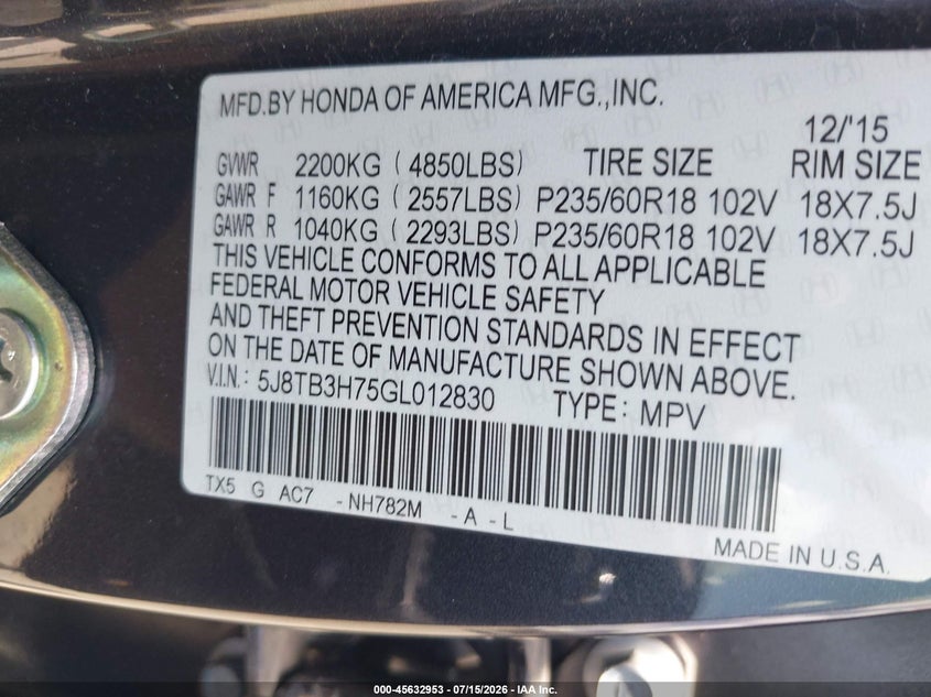 2016 Acura Rdx Advance Package VIN: 5J8TB3H75GL012830 Lot: 45632953