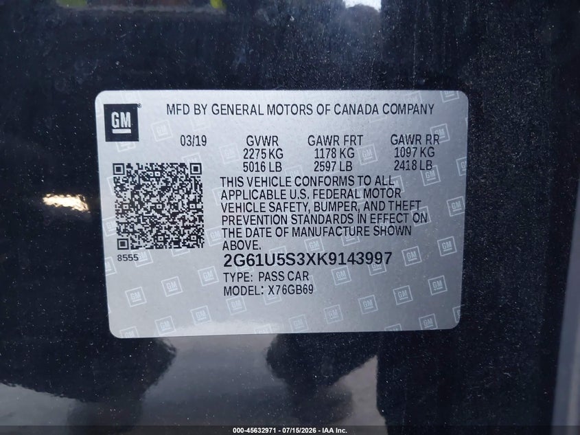 2019 Cadillac Xts W20 Livery Package VIN: 2G61U5S3XK9143997 Lot: 45632971