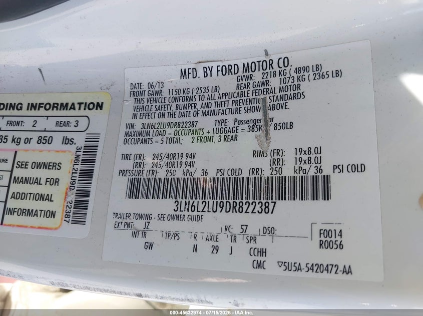 2013 Lincoln Mkz Hybrid VIN: 3LN6L2LU9DR822387 Lot: 45632974