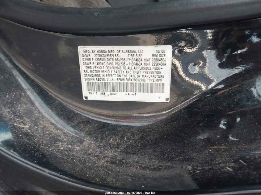 HONDA ODYSSEY 2007 VIN 5FNRL388X7B012789