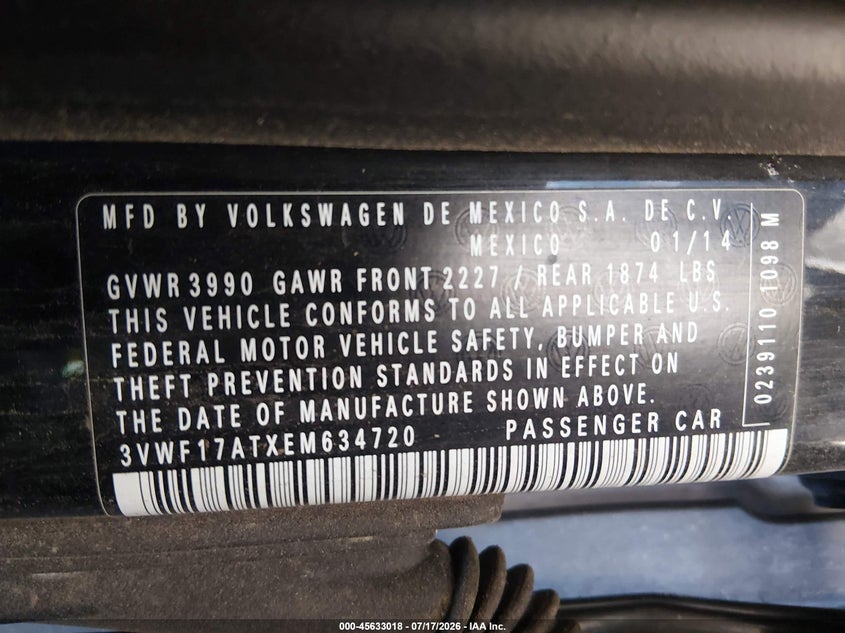 2014 Volkswagen Beetle 1.8T Entry VIN: 3VWF17ATXEM634720 Lot: 45633018