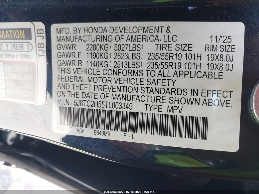 2026 Acura Rdx Technology VIN: 5J8TC2H55TL003349 Lot: 45633022