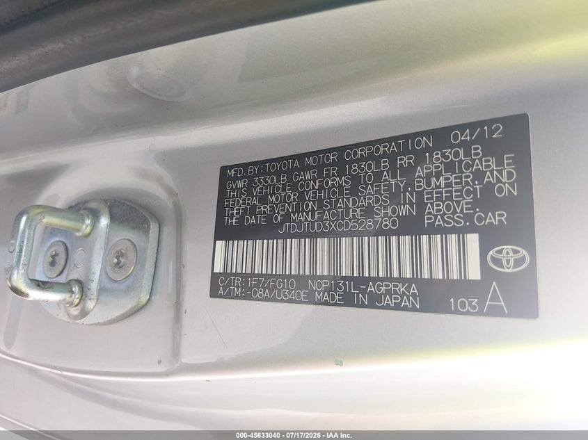 2012 Toyota Yaris Le VIN: JTDJTUD3XCD528780 Lot: 45633040