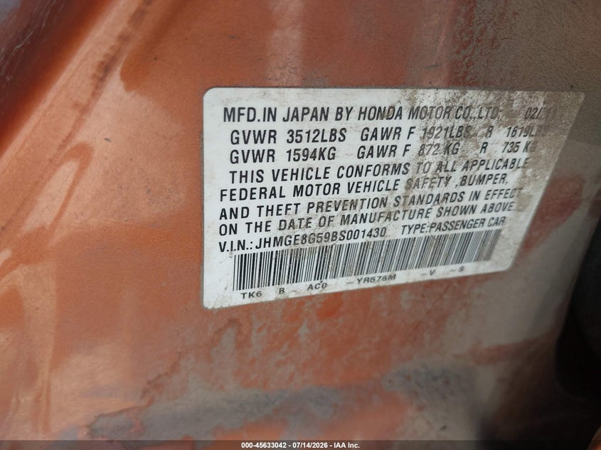 2011 Honda Fit Sport VIN: JHMGE8G59BS001430 Lot: 45633042