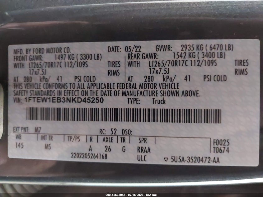 2022 Ford F-150 Xlt VIN: 1FTEW1EB3NKD45250 Lot: 45633045
