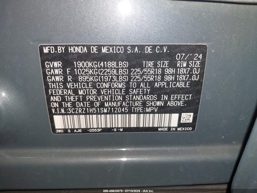 2025 Honda Hr-V 2Wd Sport VIN: 3CZRZ1H51SM712045 Lot: 45633075