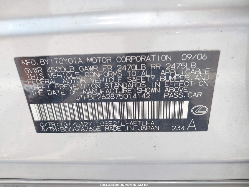 2007 Lexus Is 350 VIN: JTHBE262875014142 Lot: 45633080