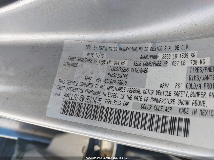 2019 Toyota Yaris Le VIN: 3MYDLBYV5KY511475 Lot: 45633093