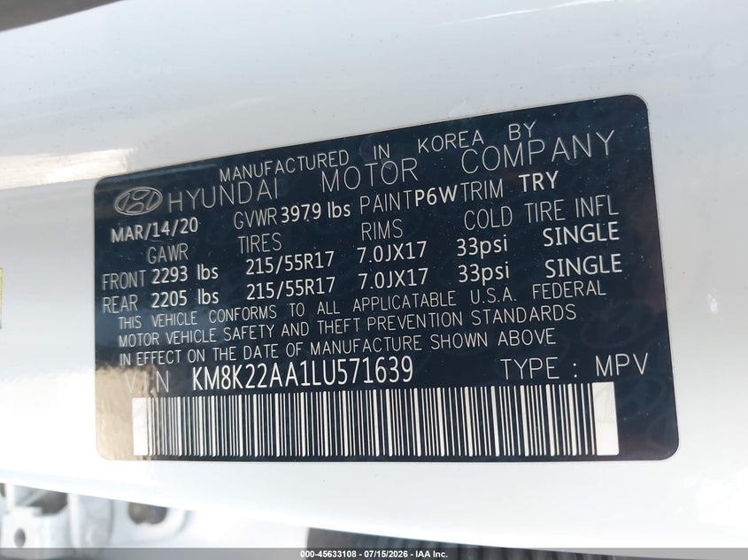 2020 Hyundai Kona Sel VIN: KM8K22AA1LU571639 Lot: 45633108