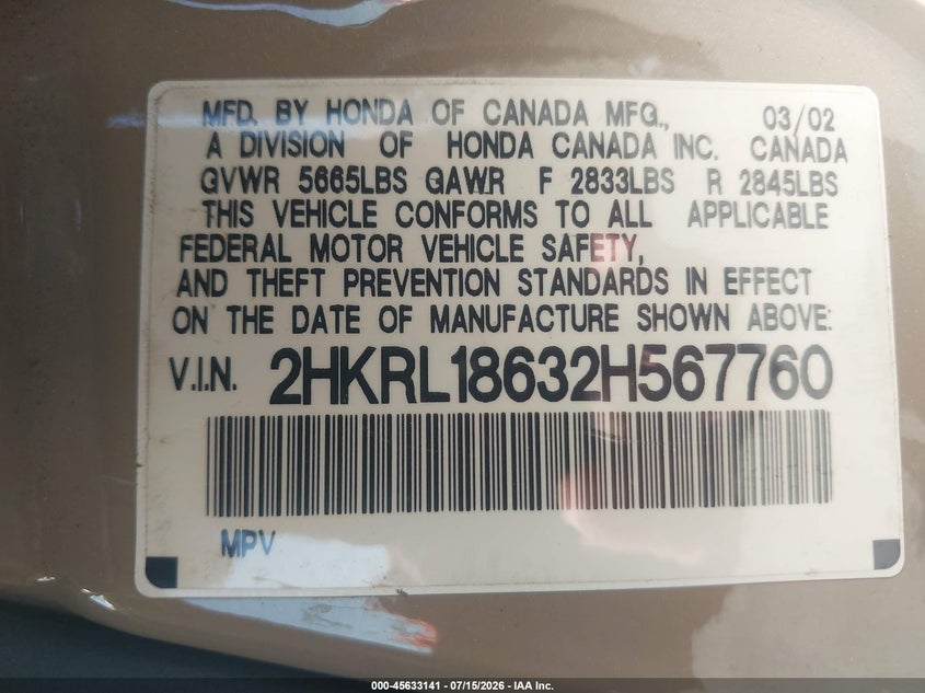 2002 Honda Odyssey Ex VIN: 2HKRL18632H567760 Lot: 45633141