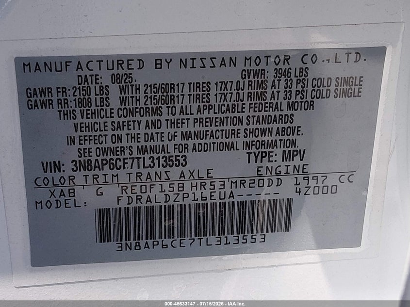 2026 Nissan Kicks Sv VIN: 3N8AP6CE7TL313553 Lot: 45633147