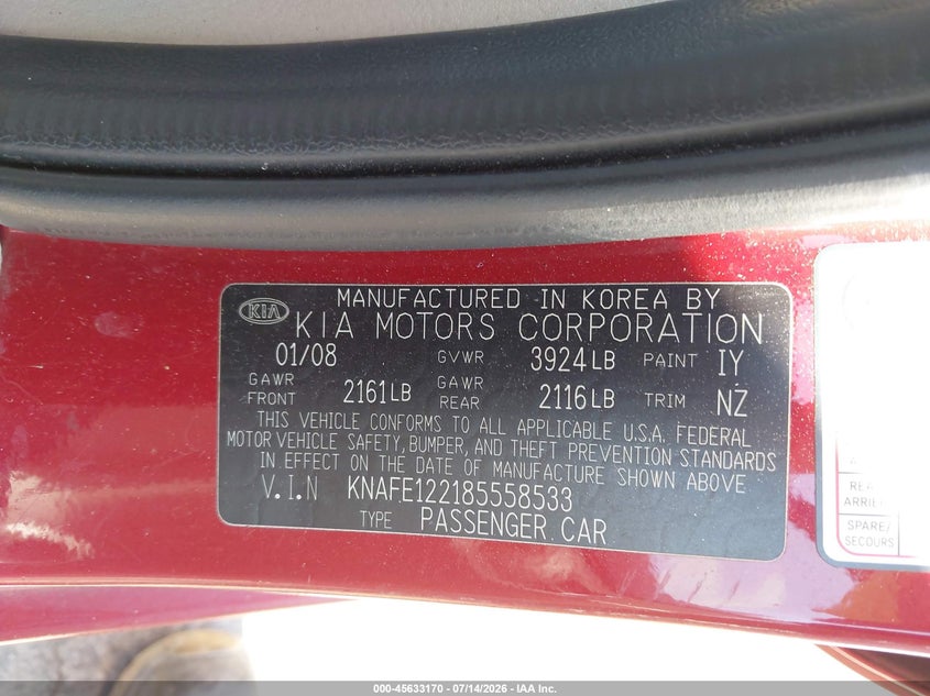 2008 Kia Spectra Ex VIN: KNAFE122185558533 Lot: 45633170