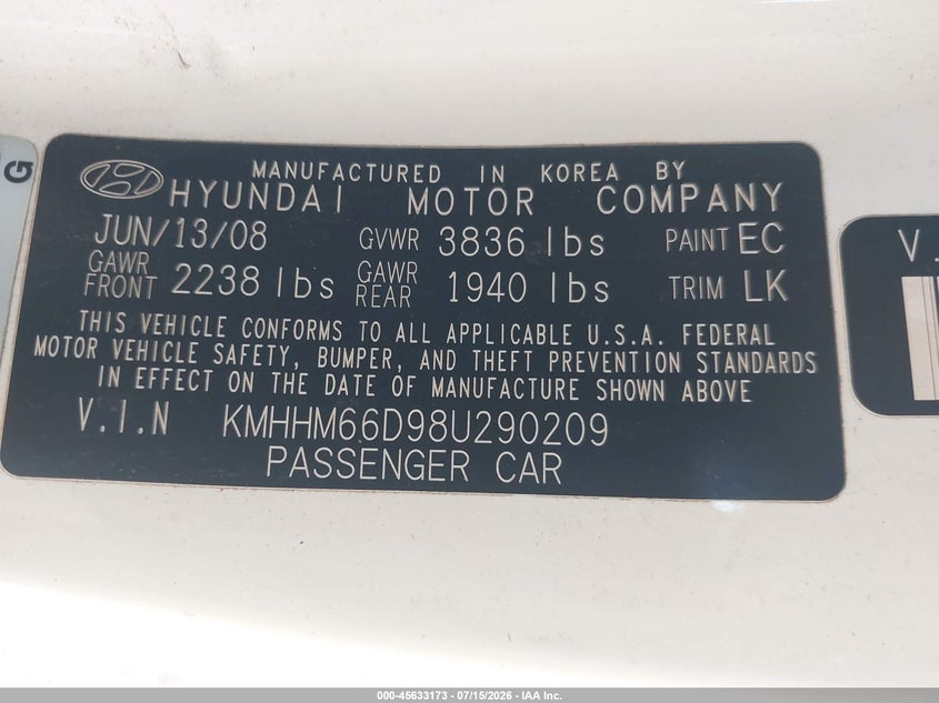 2008 Hyundai Tiburon Gs VIN: KMHHM66D98U290209 Lot: 45633173
