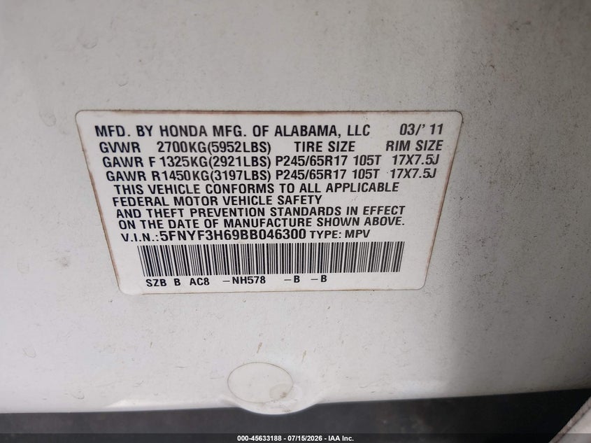 2011 Honda Pilot Ex-L VIN: 5FNYF3H69BB046300 Lot: 45633188