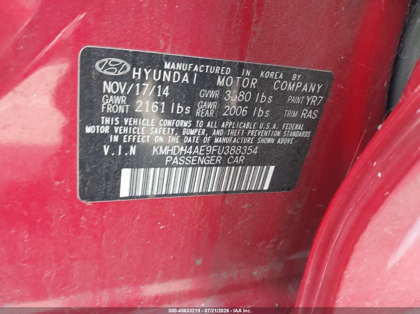2015 Hyundai Elantra Se VIN: KMHDH4AE9FU388354 Lot: 45633219