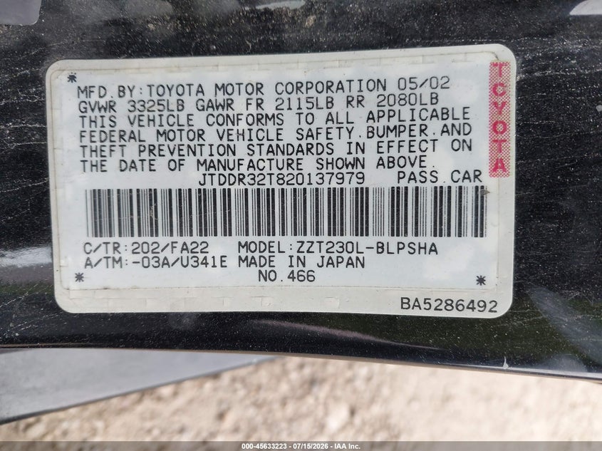 2002 Toyota Celica Gt VIN: JTDDR32T820137979 Lot: 45633223