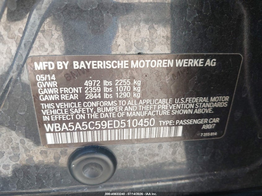 2014 BMW 528I VIN: WBA5A5C59ED510450 Lot: 45633240