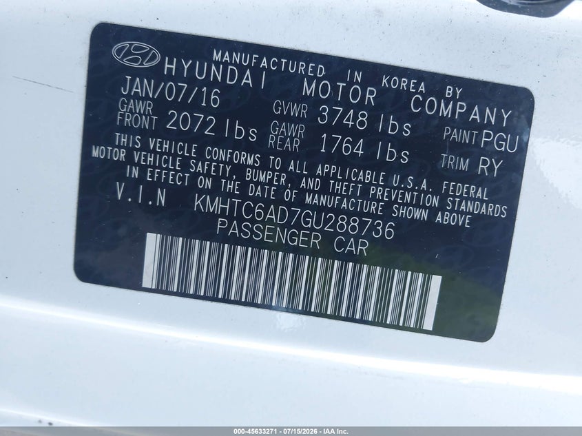 2016 Hyundai Veloster VIN: KMHTC6AD7GU288736 Lot: 45633271