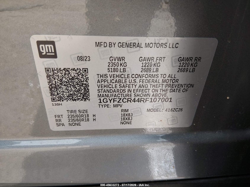 2024 Cadillac Xt4 Fwd Premium Luxury VIN: 1GYFZCR44RF107001 Lot: 45633272