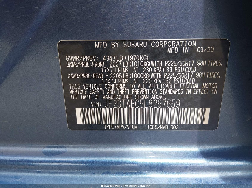2020 Subaru Crosstrek VIN: JF2GTABC5L8267659 Lot: 45633280