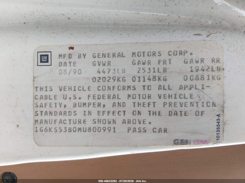 1991 Cadillac Seville VIN: 1G6KS53B0MU800991 Lot: 45633292