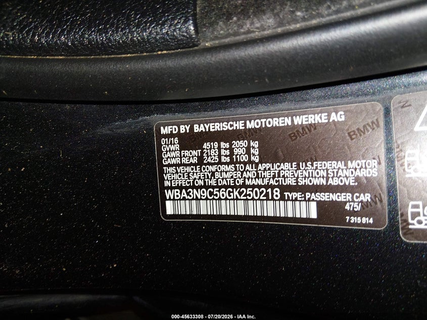 2016 BMW 428I xDrive VIN: WBA3N9C56GK250218 Lot: 45633308