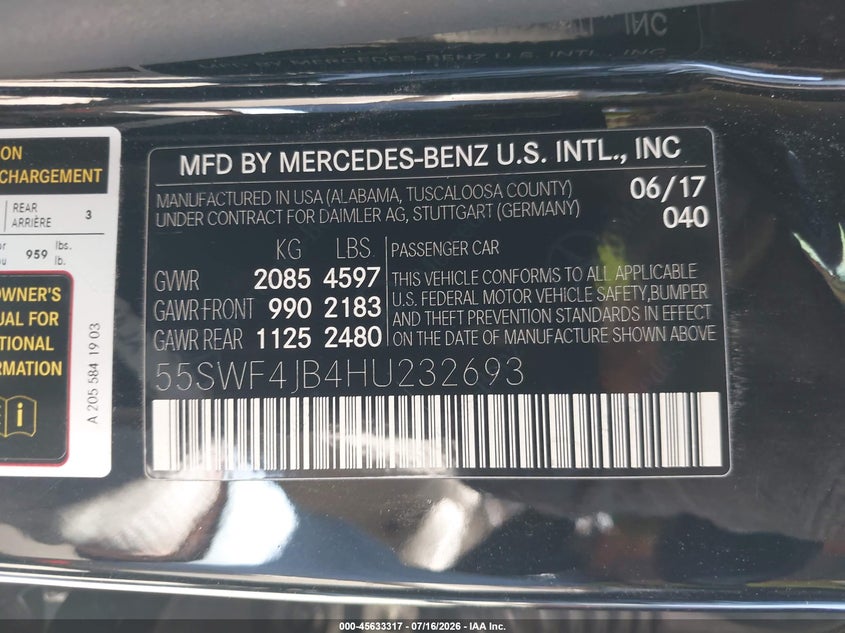 2017 Mercedes-Benz C 300 VIN: 55SWF4JB4HU232693 Lot: 45633317