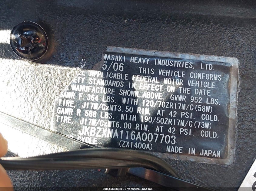 2006 Kawasaki Zx1400 A VIN: JKBZXNA116A007703 Lot: 45633330