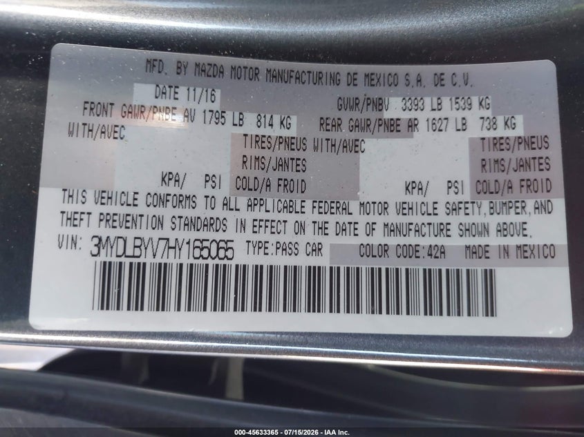 2017 Toyota Yaris Ia VIN: 3MYDLBYV7HY165065 Lot: 45633365