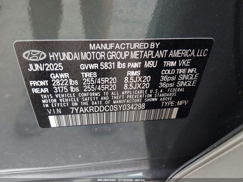 2025 Hyundai Ioniq 5 Limited VIN: 7YAKRDDC0SY034298 Lot: 45633400