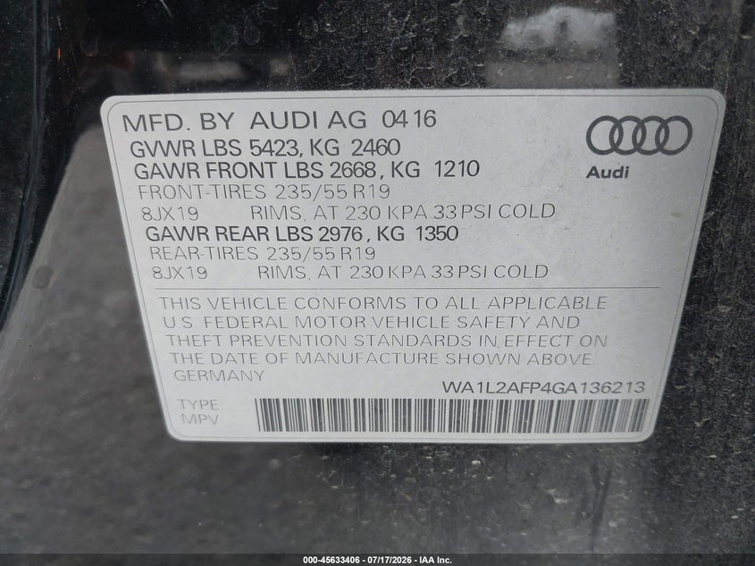 2016 Audi Q5 2.0T Premium VIN: WA1L2AFP4GA136213 Lot: 45633406