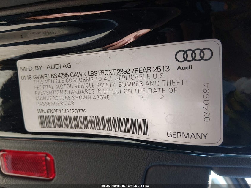 2018 Audi A4 2.0T Premium/2.0T Tech Premium VIN: WAUENAF41JA120776 Lot: 45633410