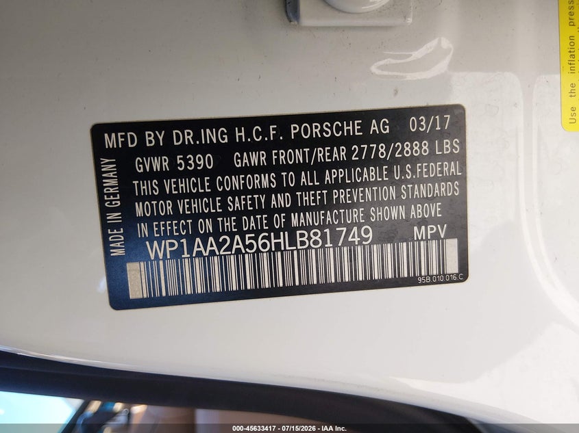 2017 Porsche Macan VIN: WP1AA2A56HLB81749 Lot: 45633417