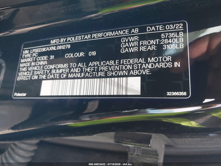 2022 Polestar 2 Long Range Dual Motor VIN: LPSED3KAXNL081279 Lot: 45633422