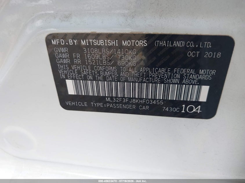 2019 Mitsubishi Mirage G4 Es VIN: ML32F3FJ8KHF03455 Lot: 45633470