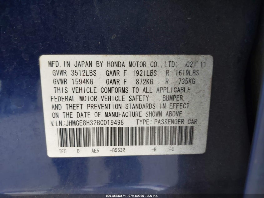 2011 Honda Fit VIN: JHMGE8H32BC019498 Lot: 45633471
