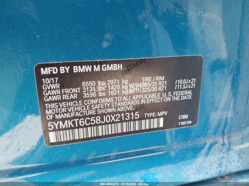2018 BMW X5 M VIN: 5YMKT6C58J0X21315 Lot: 45633476