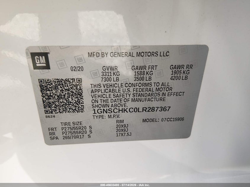 2020 Chevrolet Suburban 2Wd Lt VIN: 1GNSCHKC0LR287367 Lot: 45633480