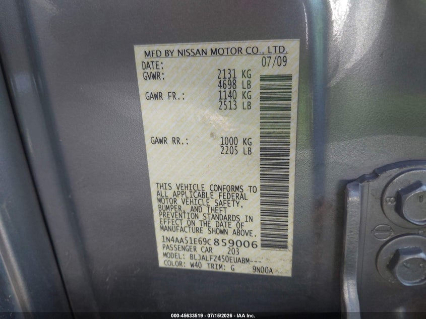 2009 Nissan Maxima 3.5 Sv VIN: 1N4AA51E69C859006 Lot: 45633519