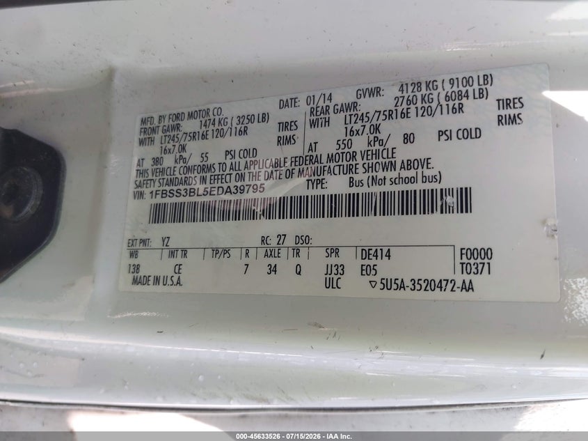 2014 Ford E-350 Super Duty Xl VIN: 1FBSS3BL5EDA39795 Lot: 45633526