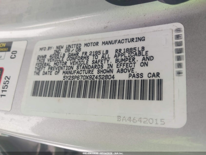 2009 Pontiac Vibe VIN: 5Y2SP670X9Z452804 Lot: 45633530