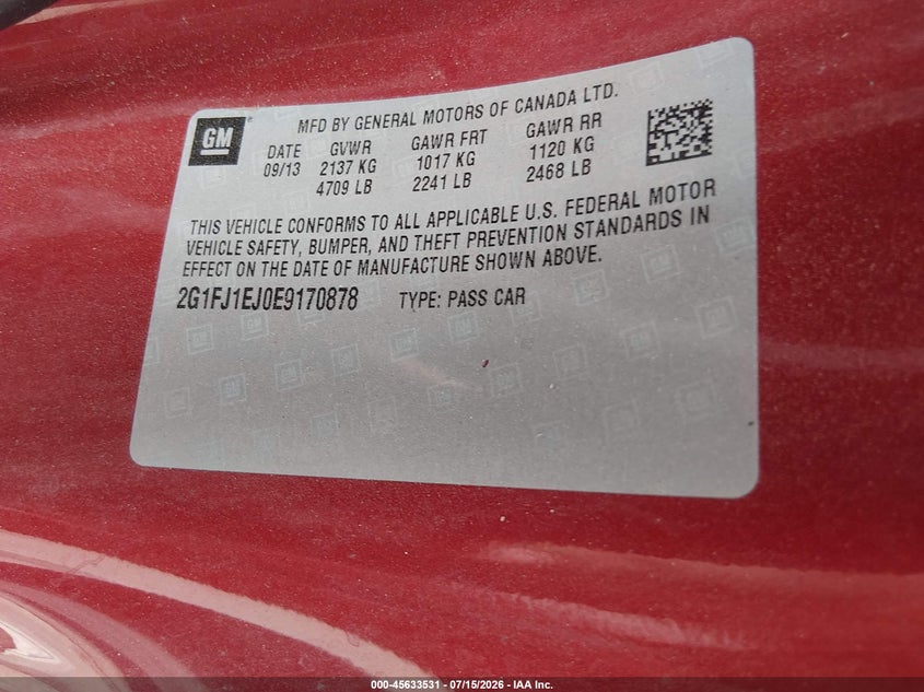 2014 Chevrolet Camaro 1Ss VIN: 2G1FJ1EJ0E9170878 Lot: 45633531