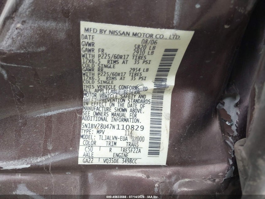 2007 Nissan Quest 3.5 Se VIN: 5N1BV28U47N110829 Lot: 45633566