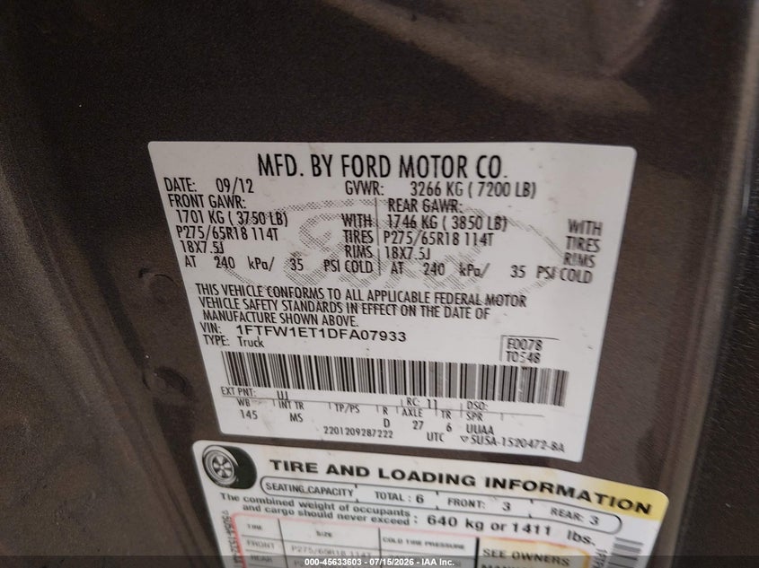 2013 FORD F-150 PICKUP 3.5L V6 FI DOHC 24V NF4