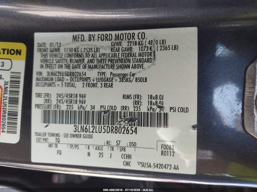 2013 Lincoln Mkz Hybrid VIN: 3LN6L2LU5DR802654 Lot: 45633616