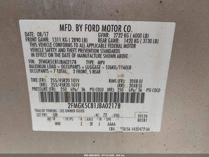 2018 Ford Flex Sel VIN: 2FMGK5C81JBA02178 Lot: 45633635