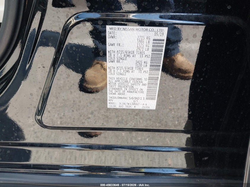 2019 Infiniti Qx60 Luxe VIN: 5N1DL0MN4KC569011 Lot: 45633646