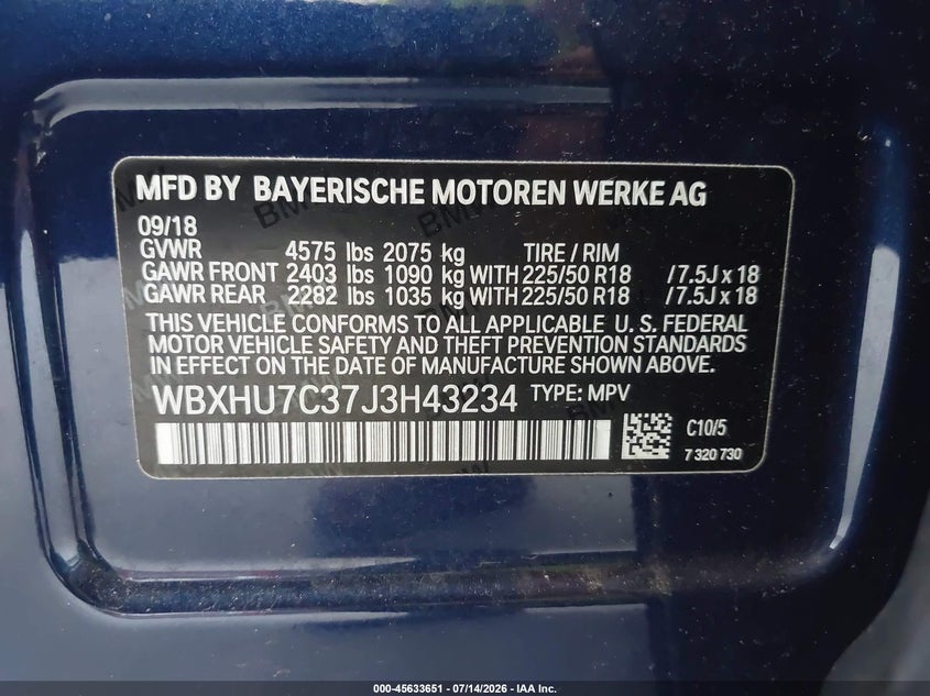 2018 BMW X1 Sdrive28I VIN: WBXHU7C37J3H43234 Lot: 45633651