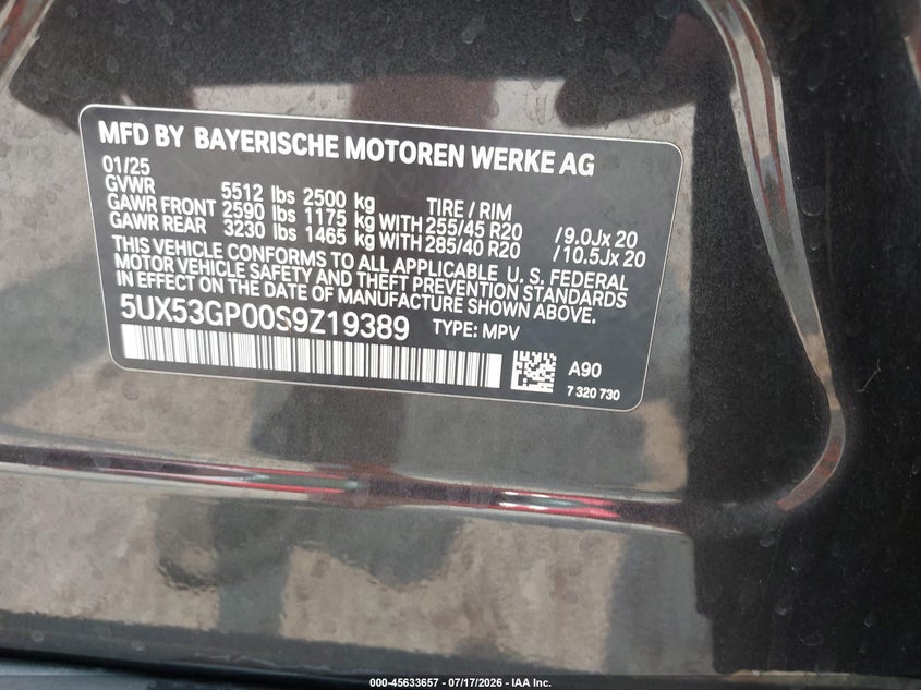 2025 BMW X3 30 xDrive VIN: 5UX53GP00S9Z19389 Lot: 45633657