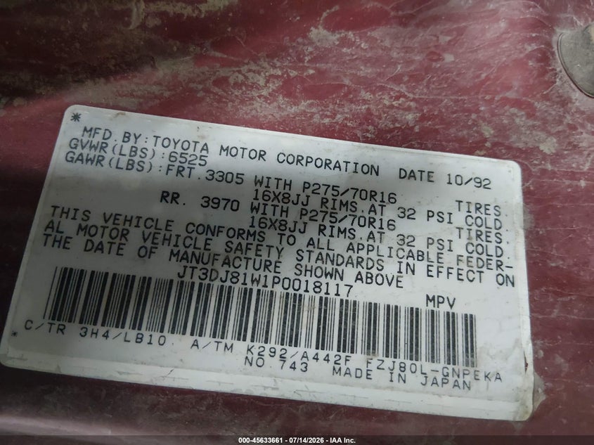 1993 Toyota Land Cruiser Dj81 VIN: JT3DJ81W1P0018117 Lot: 45633661